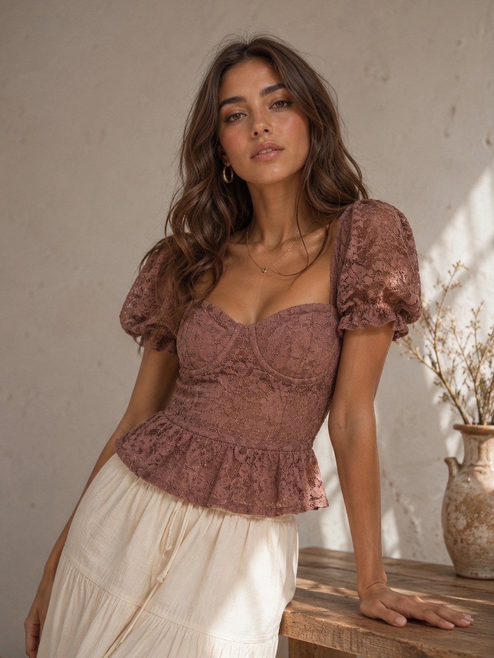 Mauve Pink Lace Corset Top Milkmaid Peplum Puff Sleeves Coquette Bridgeton